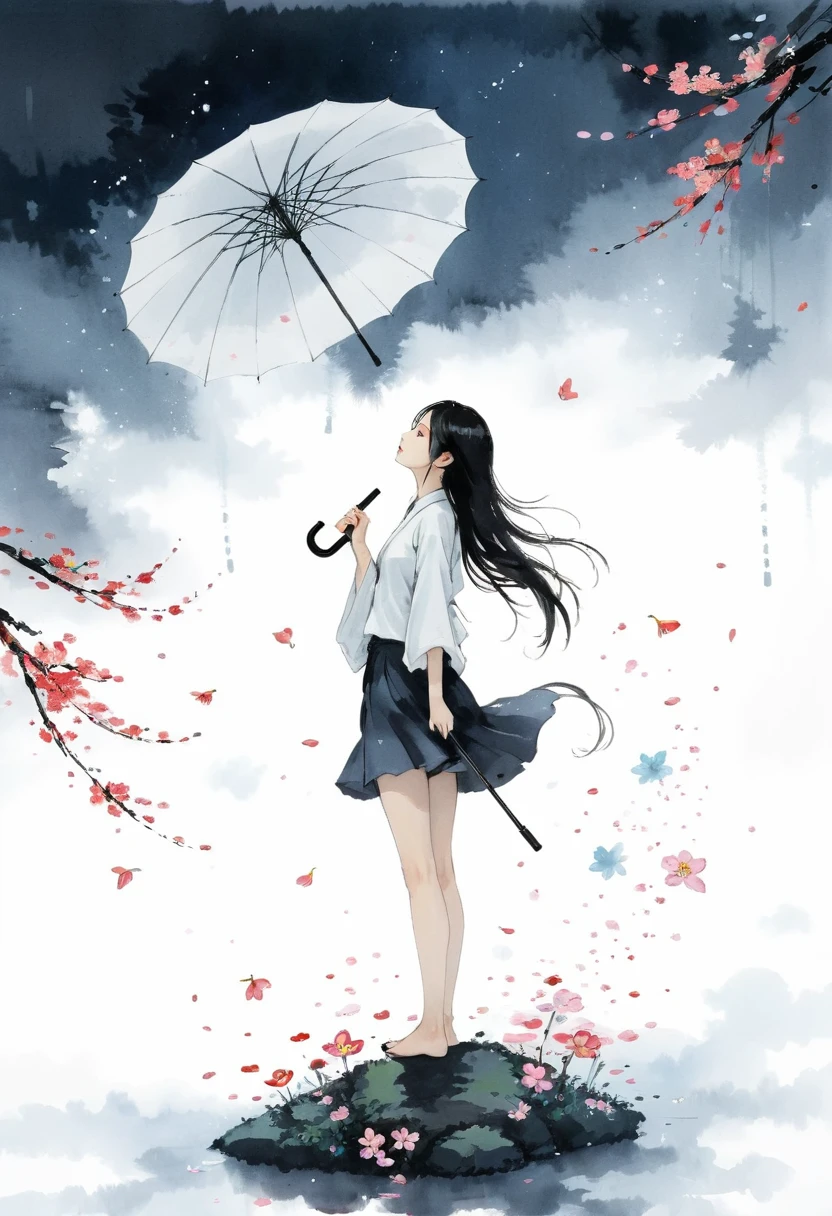 艺术Ink Painting，立体Ink Painting，Minimalism，Minimalism的图形，Minimal Art，Chinese anime girl，whole body，Chinese，，Ink Painting，Umbrella，Falling Flowers，Black long hair，Black and white background，古韵White space，White space，大面积White space，Textured Matte，Low saturation，Minimalism构图，Main Composition