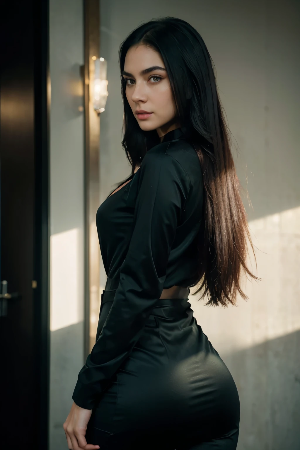 a charming girl with latin american appearance, pale skin, long flowing black hair, slender sexy figure, captivating green eyes, beautifully shaped eyebrows, flawless facial features, wearing a business casual outfit, elegant expression, detailed facial features, ultra detailed skin, vibrant colors, intricate clothing textures, dramatic lighting, cinematic composition, photorealistic, masterpiece, 8k, hyper detailed