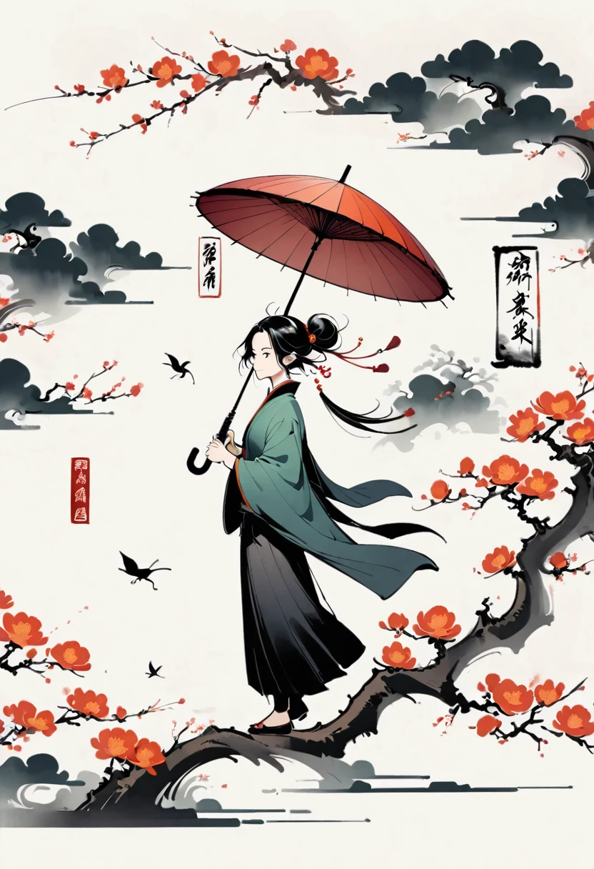 Bada Shanren style,Chinese Ink Painting，Simple style，is capitalized，Very simple pictures，Falling Flowers，Umbrella，