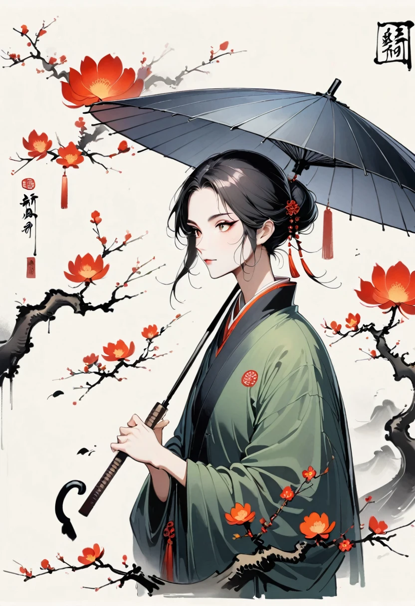 Bada Shanren style,Chinese Ink Painting,Simple style,is capitalized,Very simple pictures,Falling Flowers,Umbrella,