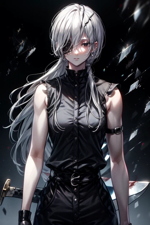 high quality, High detail, beautiful, beautiful face, White skin, Sleepy eyes, Iris, Calm face, Black eye patch on left eye, Medium length silver hair, slim, An athletic body, Black shirt with cut off sleeves、Black pants, Three swords at his waist, Holding a sword, Attack Position , Bloody background, Izumi Nishi from Chainsaw Man