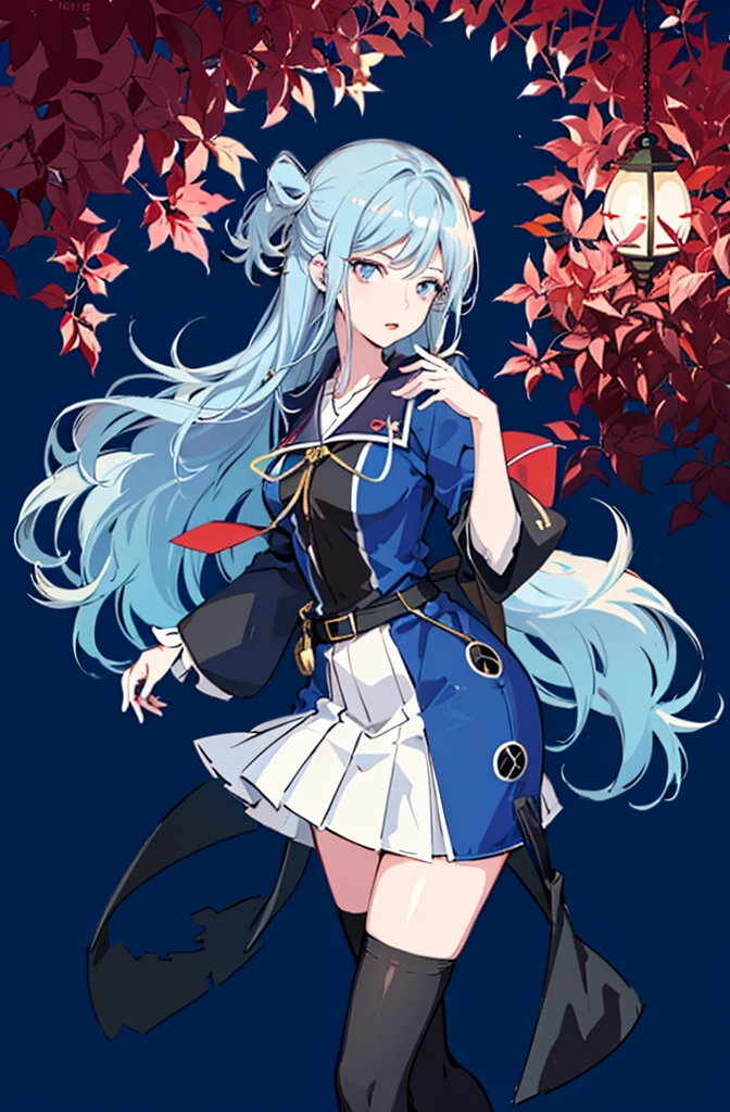 1girl, solo, outdoors, long hair, holy place, Original,(Illustration:1.1),(Best Quality),(masutepiece:1.1),(the Extremely Detailed CG Unity 8K Wallpapers:1.1), (Colorful:0.9),(mid-shot:0.95),(extremely detailed beautiful face),(Solo:1.2), (girl),(((Lori))), (Detailed beautiful eyes:1.15), (Beautiful face:1.15), (Glowing blue eyes:1.25////),(((sky blue Long Hair))),(two side up),(+perfect hand+:1.21),(Draw illustration of Japan priestess costume),(slender),(White pleated skirt),(Gothic),((black thighhighs)),(frilld),(Beautiful Slender Lolita Girl),hallowween,standing, girl,10 years old, girl,foggy place,vampire,sky blue hair,full body,whole body,((cathedral background)),(holy cathedral),