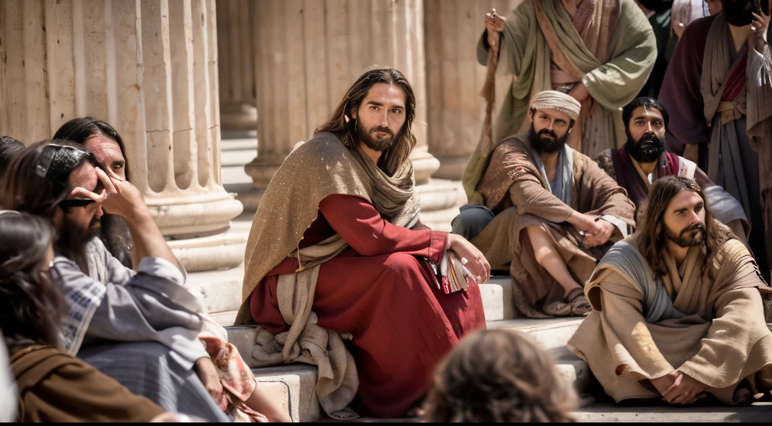 Modern portrait of Jesus in the crowd, cinematic lighting, Depth of field, bokeh, 真实感, photorrealistic, hiper-真实感, professional photograpy, ultra HD, dslr, HDR. Image without blurs or distortions. faces, eyeballs, mouth and hands without defects