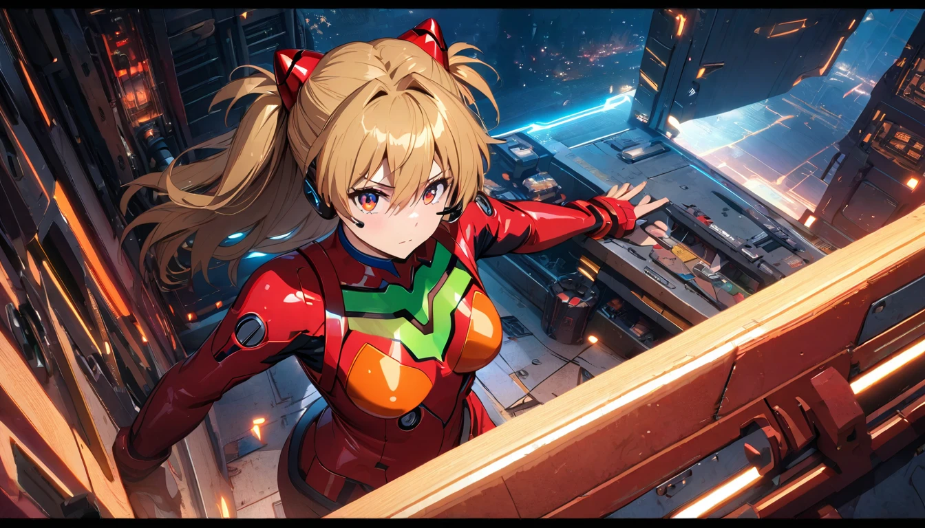 (view from above),dynamic angle,ultra detailed, illustration, close-up, Right on, 1 girl, 
 ((Suryu Asuka Langley, headset interface, Red bodysuit:1.4, blonde)),Her eyes shone like Dreamy stars,(Brilliant eyes:1.233),(Beautiful and detailed eyes:1.1),(inexpressive,closed mouth),(standing), 
(Mechanical room with tools and spaceship window in white SPACESHIP),
(night:1.2),Dreamy, [[gentle fingers and hands:0.55]::0.85],(detailed fingers),),(emotional),(breathtaking),(main part:1.2) whole body.), (Anime Style), (Super Detailed), (brutal), (uhd, HDR), (8K), (High Resolution: 1.2), (Complex and Beautiful: 1.2), (Dramatic Lighting: 1.2) , (staring at the viewer), lora:add_detail:1, female necromancer, flowing white hair, detailed red eyes, skelet, Tomohiko Ito style