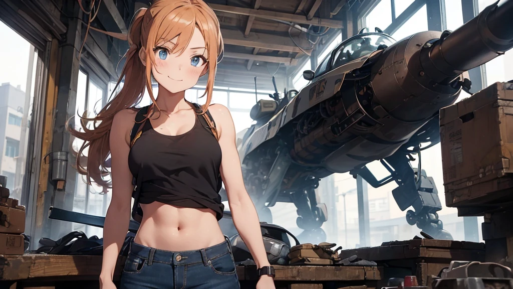 detailed, perfect anatomy, female engineer mechanic girl, dirty tank top, uniform, wrench, goggles, working on a mecha , japanese mecha, mecha robot, solo focus, blue eyes, strawberry blonde hair, ponytail, denim jeans, repairing machines, smiling, caring, looking upward, high angle, cyberpunk, futuristic, military vibes, diesel punk, indoors, welding, holding wrench, looking at viewer, muscle, toned woman, tomboy, in a futuristic military complex, police department, small jet fighter, white walls, ((BEST QUALITY))