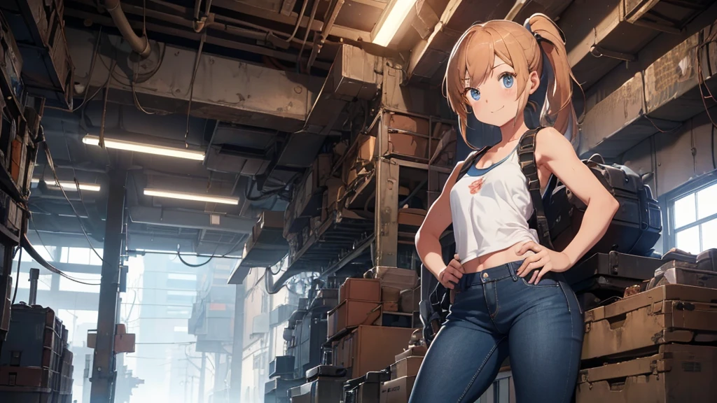detailed, perfect anatomy, female engineer mechanic girl, dirty tank top, uniform, wrench, goggles, working on a mecha , japanese mecha, mecha robot, solo focus, blue eyes, strawberry blonde hair, ponytail, denim jeans, repairing machines, smiling, caring, looking upward, high angle, cyberpunk, futuristic, military vibes, diesel punk, indoors, welding, holding wrench, looking at viewer, muscle, toned woman, tomboy, in a futuristic military complex, police department, small jet fighter, white walls, ((BEST QUALITY))