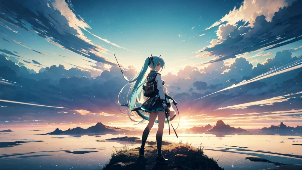 An image of Hatsune Miku singing alone in the vast wilderness。The background is just the infinite sky and horizon.、The only decoration around her are light particles and electronic ripples that appear in time with the music.。Miku&#39;s costume has a simple and modern design.、Her presence stands out in this empty landscape.。