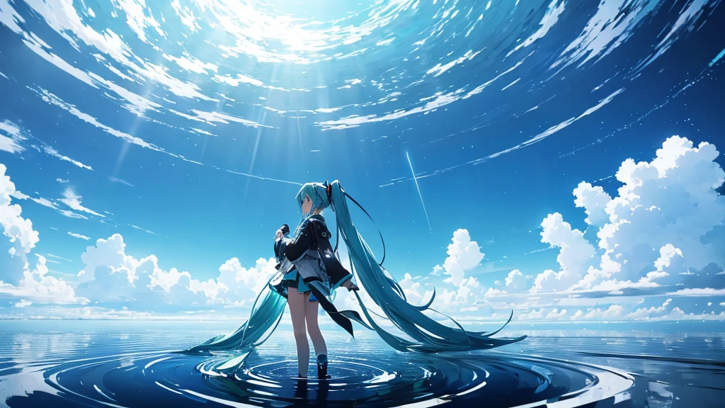 An image of Hatsune Miku singing alone in the vast wilderness。The background is just the infinite sky and horizon.、The only decoration around her are light particles and electronic ripples that appear in time with the music.。Miku&#39;s costume has a simple and modern design.、Her presence stands out in this empty landscape.。