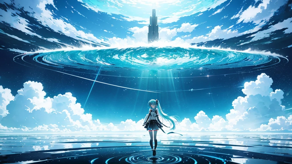 An image of Hatsune Miku singing alone in the vast wilderness。The background is just the infinite sky and horizon.、The only decoration around her are light particles and electronic ripples that appear in time with the music.。Miku's costume has a simple and modern design.、Her presence stands out in this empty landscape.。