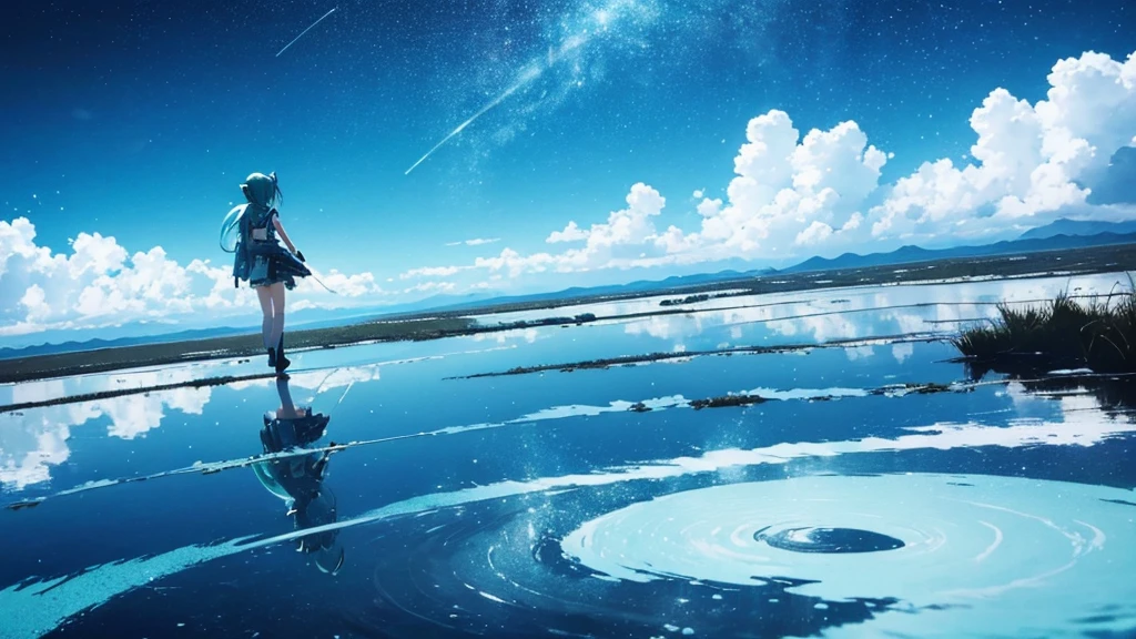 An image of Hatsune Miku singing alone in the vast wilderness。The background is just the infinite sky and horizon.、The only decoration around her are light particles and electronic ripples that appear in time with the music.。Miku's costume has a simple and modern design.、Her presence stands out in this empty landscape.。