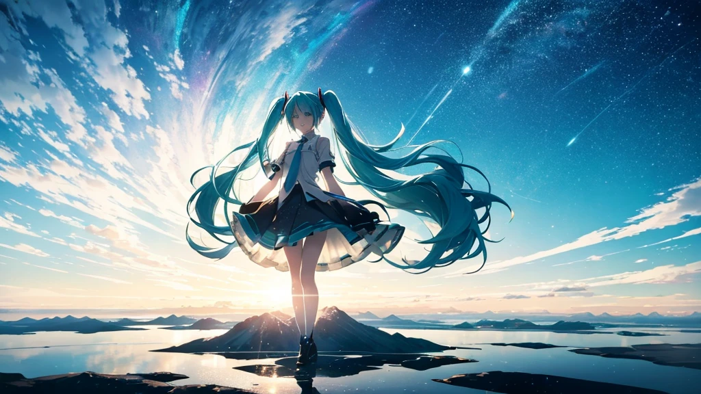 An image of Hatsune Miku singing alone in the vast wilderness。The background is just the infinite sky and horizon.、The only decoration around her are light particles and electronic ripples that appear in time with the music.。Miku&#39;s costume has a simple and modern design.、Her presence stands out in this empty landscape.。