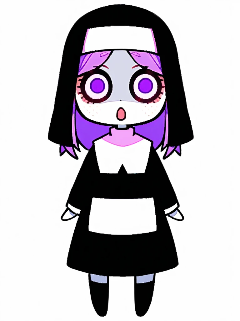 {{{kame (kamepan44231), no humans, chibi, jitome, fumo (doll)}}}, full body, 1 woman, solo, mature female, young, shocked expression, nun, face like she just heard something crazy, snow white skin, shocked expression, wide-eyed, pink full lips, nun habit, freckles, lavender hair, facing viewer, simple background, blank background.
