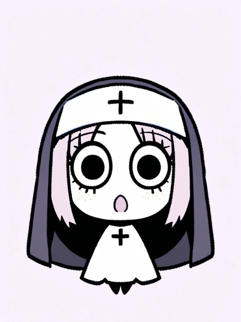 {{{kame (kamepan44231), no humans, chibi, jitome, fumo (doll)}}}, full body, 1 woman, solo, mature female, young, shocked expression, nun, face like she just heard something crazy, snow white skin, shocked expression, wide-eyed, pink full lips, nun habit, freckles, lavender hair, facing viewer, simple background, blank background.
