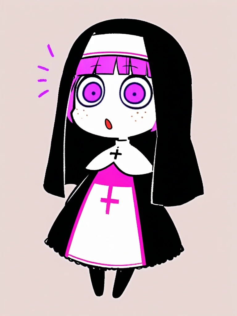 {{{kame (kamepan44231), no humans, chibi, jitome, fumo (doll)}}}, full body, 1 woman, solo, mature female, young, shocked expression, nun, face like she just heard something crazy, snow white skin, shocked expression, wide-eyed, pink full lips, nun habit, freckles, lavender hair, facing viewer, simple background, blank background.
