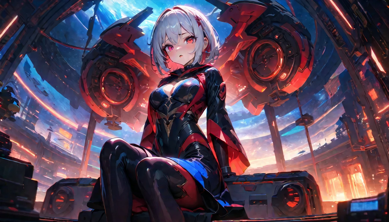 (absurd decision, A high resolution, (masterpiece: 1.4), hyperdetailing, ung woman, short red hair, pilot suit, Rich Princess, sitting in a very narrow and closed mech control room and looking out the window, window - cosmic universe, you can see the blue planet (1.5), Expression excited, mecha control room is in universe,(heroic),(epics),(emotional),(breathtaking),(main part:1.2) whole body.), (Anime Style), (Super Detailed), (brutal), (uhd, HDR), (8K), (High Resolution: 1.2), (Complex and Beautiful: 1.2), (Dramatic Lighting: 1.2) , (staring at the viewer), lora:add_detail:1, female necromancer, flowing white hair, detailed red eyes, skelet, Tomohiko Ito style
