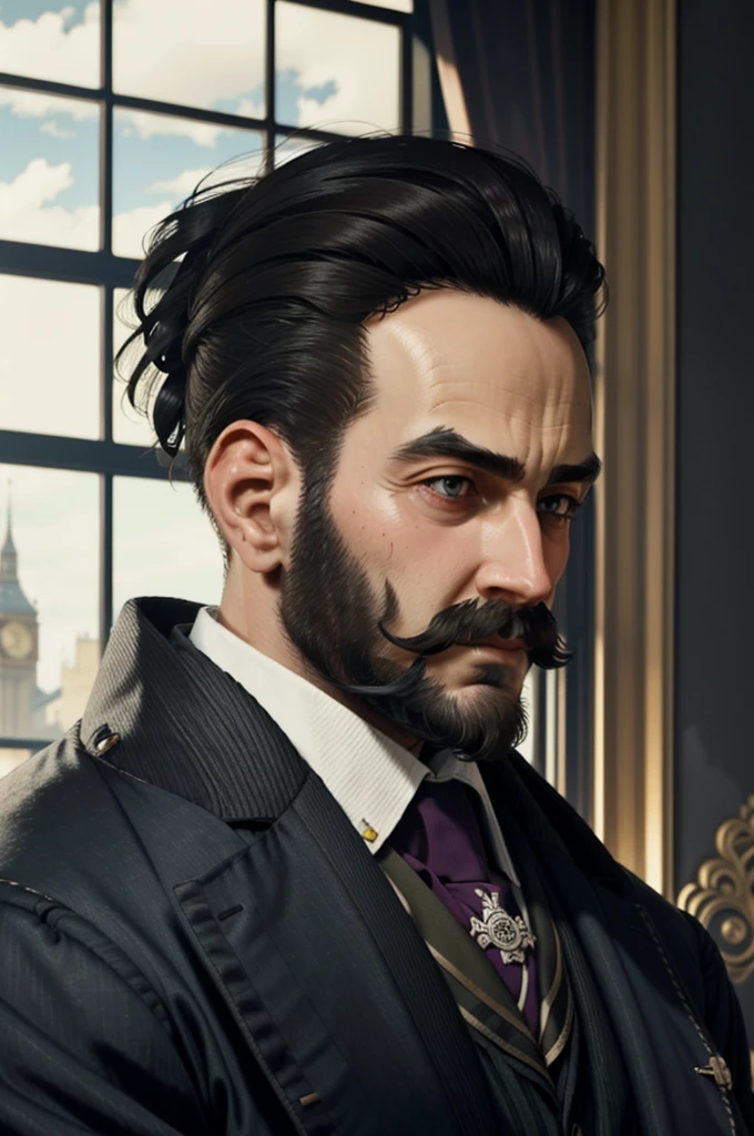 ((masterpiece, best quality))
AssaJacob, 1boy, male focus, solo, beard, victorian, smirk, london