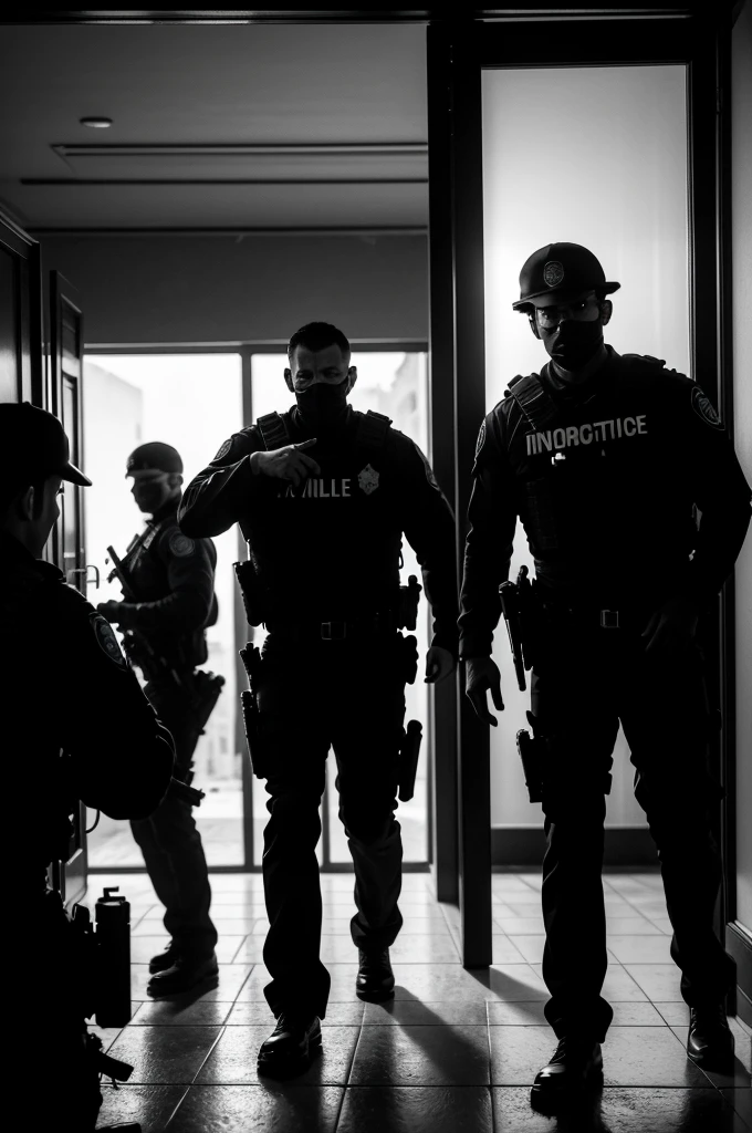 a government agent tactical team raid, a door being broken down, armed officers storming a building, criminals being arrested, dramatic action scene, cinematic camera angles, realistic lighting, high contrast, gritty atmosphere, strong shadows, moody colors, hyper-detailed, 8k, photorealistic, masterpiece