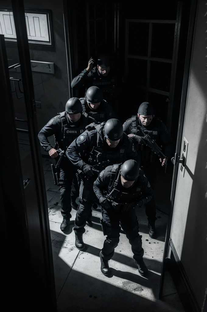 a government agent tactical team raid, a door being broken down, armed officers storming a building, criminals being arrested, dramatic action scene, cinematic camera angles, realistic lighting, high contrast, gritty atmosphere, strong shadows, moody colors, hyper-detailed, 8k, photorealistic, masterpiece