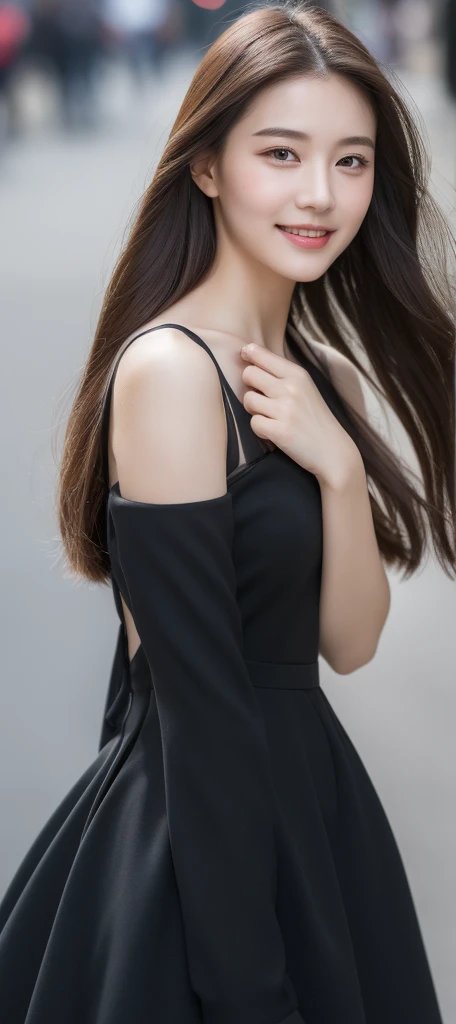 ((best quality, 8K, masterpiece :1.3)), 1 Girl, Smile, whole body, Thin face, pretty Woman, (Dark brown hair), Full length dress :1.1, Ultra-fine face, Delicate eyes, Double eyelids, Blurred Background, Thin face, City, external, street,