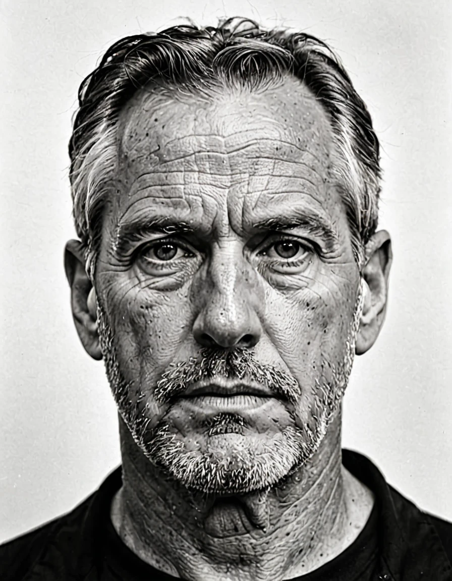 ab0m,(horror, monochrome, 35mm film), pure white background, white id photo, closeup, photo of 50 y.o man in dark clothes, serious face, 
