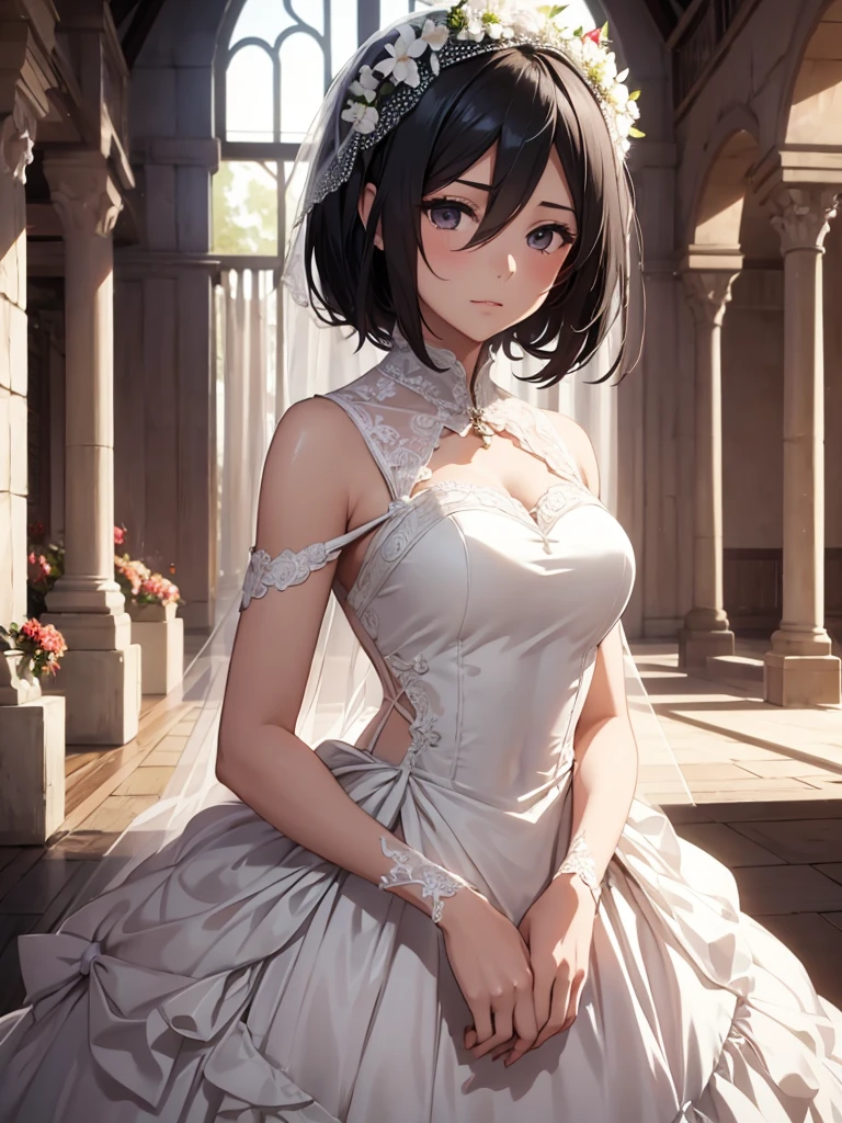 Mikasa, 1girl, as a bride, wearing white wedding frock, at a wedding ceremony, black short hair, 8k, high detailed, high quality
