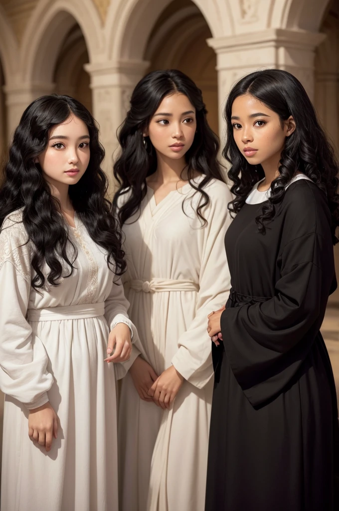 An image of 4 princesses, a black woman with curly hair, a part of wavy hair, one Asian and one white, around Jesus Christ
