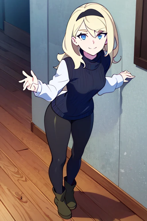 LWA masterpiece, best quality, 1anime coloring, 1girl, solo, (Gwen Stacy:1.1), platinum blonde hair, bright blue eyes, ((Wearing a Black headband, olive green sweater, shiny black leggings and Ugg Boots)), standing, she's looking at the camera with a thrilled smile,
