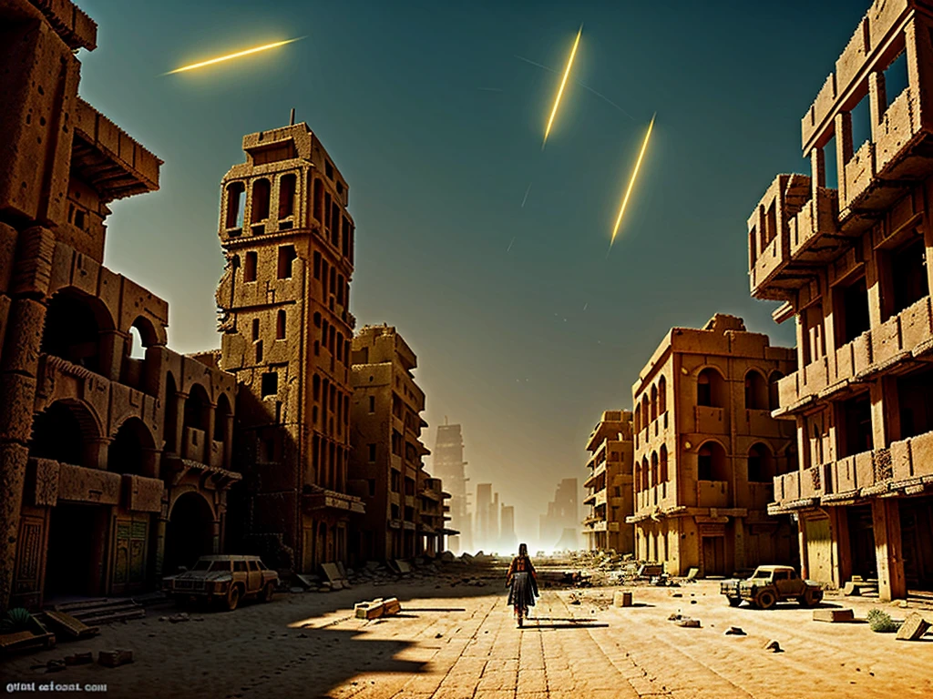 ((an ancient city, destroyed, abandoned in the middle of a desert )) RAW color art, animation,((cartoon style)), ((blade runner)), (((small town taken by the desert)))