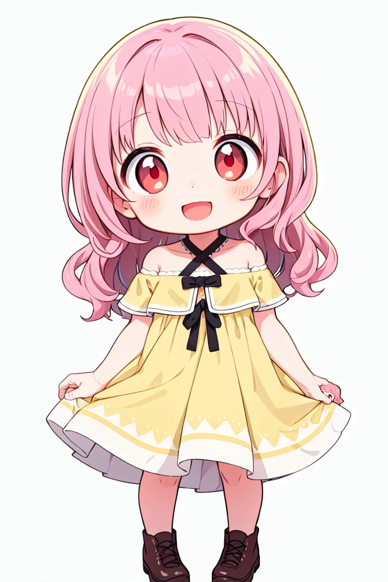 chibi, flat color, solo, full body, cute, (highest quality), pink Hair, Red Eyes, bob cut, ((wavy hair)), off shoulder, Beautiful Eyes, A big smile, A bright and curious personality, Mood makers, Cheerful, open mouth, (yellow Sleep dress), white background, (masterpiece)