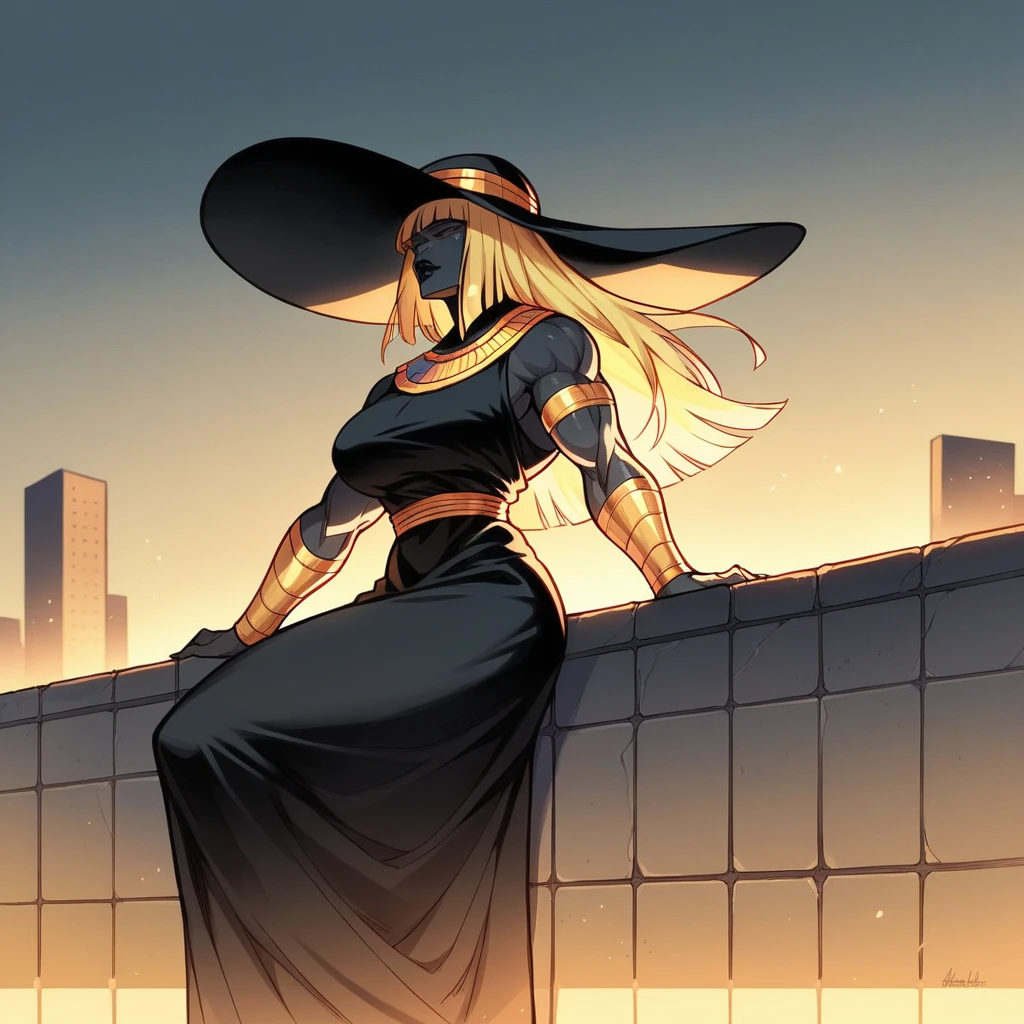  black buff strong woman character, muscle arms, muscle body, buff body, tall woman, black skin, full black skin, strong arms, long fringe hair, blonde hair, blonde fringe hair, fringe hair, scales in body, black lips, egypt hair, milf, yellow lights, morning, city background, scales, mature woman, scale in arms, leaning against a wall, black dress, sit, black chic big hat