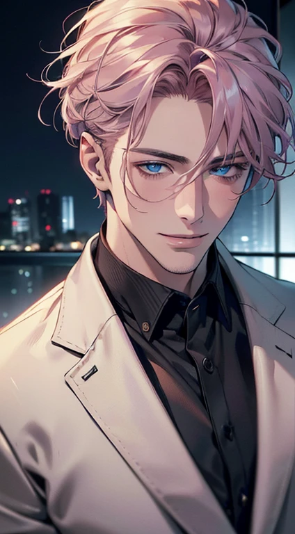 (best quality,4k,8k,highres,masterpiece:1.2),ultra-detailed,(realistic,photorealistic,photo-realistic:1.37),cinematic lighting,1:4 hdr image,a mature man, 29 years old,very handsome,cold expression smile in love, short grey pink hair,blue eyes,flawless face,buttoning his jacket,CEO