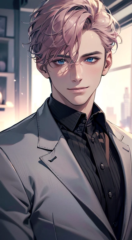 (best quality,4k,8k,highres,masterpiece:1.2),ultra-detailed,(realistic,photorealistic,photo-realistic:1.37),cinematic lighting,1:4 hdr image,a mature man, 29 years old,very handsome,cold expression smile in love, short grey pink hair,blue eyes,flawless face,buttoning his jacket,CEO
