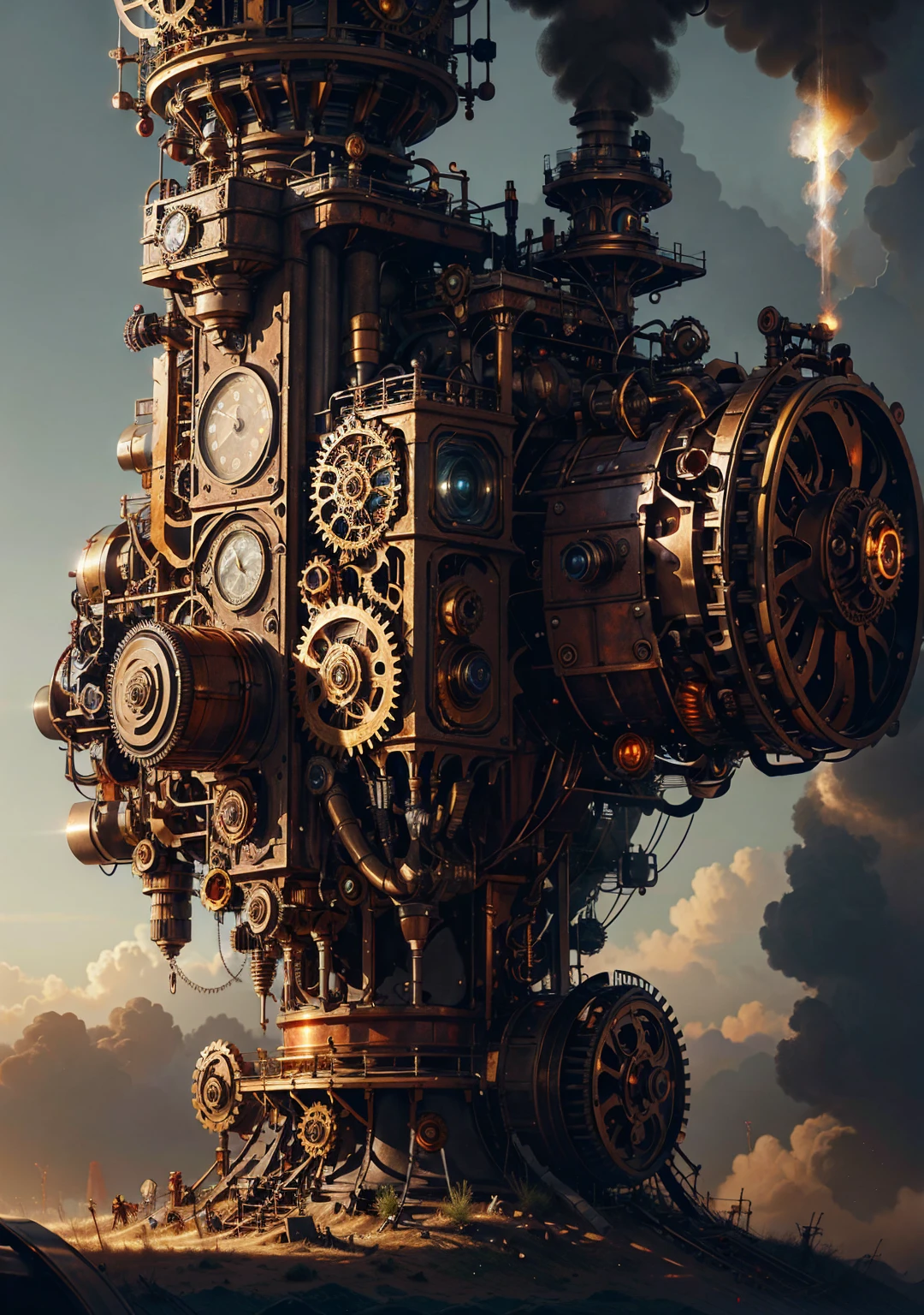 a steampunk conceptual art, highly detailed, intricate mechanical gears, copper and brass accents, glowing energy crystals, fantastical industrial landscape, moody dramatic lighting, warm color palette, cinematic composition, masterpiece, best quality, 8k, hyper detailed, photorealistic
