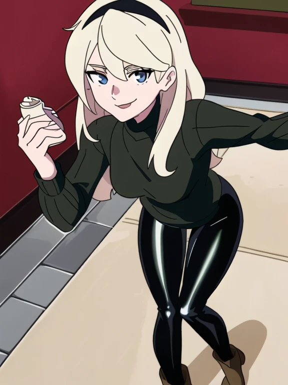 LWA masterpiece, best quality, 1anime coloring, 1girl, solo, (Gwen Stacy:1.1), platinum blonde hair, bright blue eyes, ((Wearing a Black headband, olive green sweater, shiny black leggings and Ugg Boots)), standing, she's looking at the camera with a thrilled smile,
