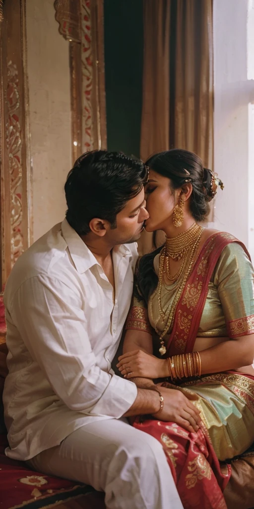 35mm film photography, A middle-aged Caucasian man with short dark hair tenderly embracing and kissing a young, curvaceous South Indian bride dressed in a traditional Indian dawani in a comfortable living room. A group of three Caucasian men observing the couple., high detail, split gradient colors background, full body image