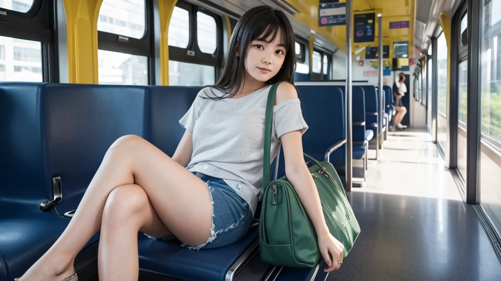 A young girl wearing shorts and a casual top, sitting on a train, viewed from the front. She has thick thighs and is showing more of her legs, with a relaxed expression. She has a shoulder bag beside her. The train interior is modern, with large windows showing a cityscape outside. The seats are comfortable, and there are other passengers in the background, creating a lively yet calm atmosphere.
