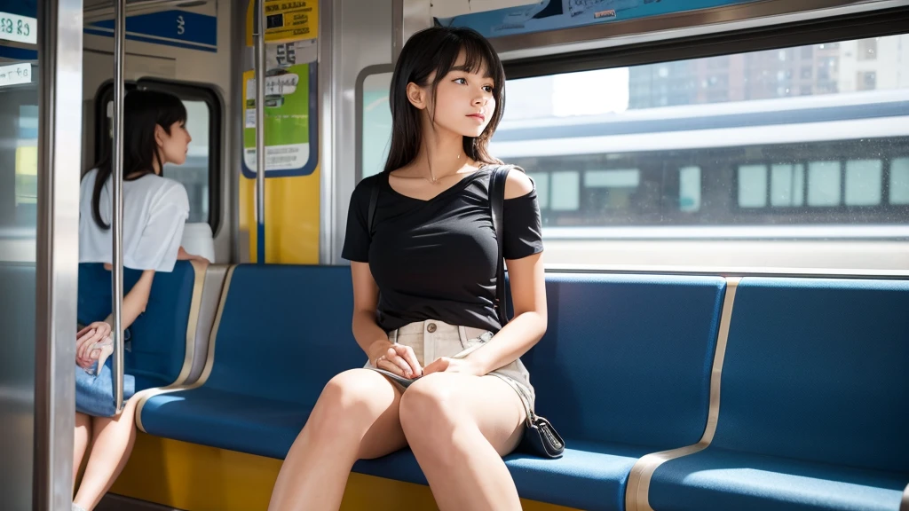 A young girl wearing shorts and a casual top, sitting on a train, viewed from the front. She has thick thighs and is showing more of her legs, with a relaxed expression. She has a shoulder bag beside her. The train interior is modern, with large windows showing a cityscape outside. The seats are comfortable, and there are other passengers in the background, creating a lively yet calm atmosphere.