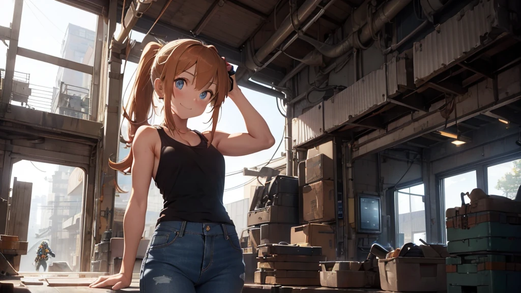 detailed, perfect anatomy, female engineer mechanic girl with goggles holding a wrench, dirty tank top, uniform, working on a mecha , japanese mecha, mecha robot, solo focus, blue eyes, strawberry blonde hair, ponytail, denim jeans, repairing machines, smiling, caring, looking upward, high angle, cyberpunk, futuristic, military vibes, diesel punk, indoors, welding, looking at viewer, muscle, toned woman, tomboy, in a futuristic military complex, police department, small jet fighter, white walls, ((BEST QUALITY))