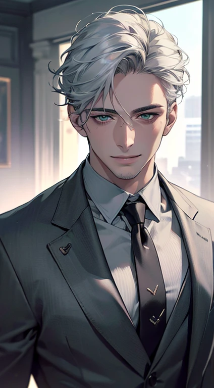 (best quality,4k,8k,highres,masterpiece:1.2),ultra-detailed,(realistic,photorealistic,photo-realistic:1.37),cinematic lighting,1:4 hdr image,a mature man, 29 years old,very handsome,cold expression smile in love, short grey white hair, green eyes,flawless face,buttoning his jacket,CEO