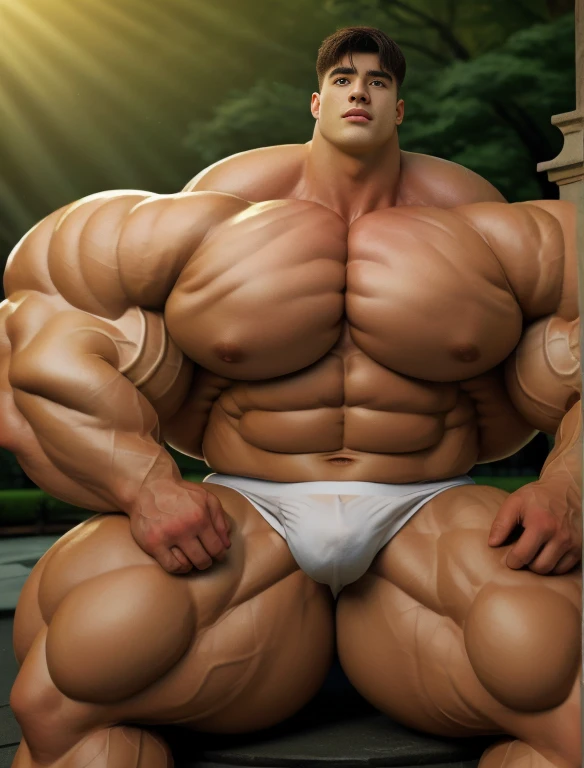 1boy, giant, bodybuilding pose, stand, illuminating light, strong body, bulk, large size, staring, fully-exposed, outdoor, at the Central Park, nude, white triangular underwear, prominent bulge, extraordinary big, brutalmass, giant, muscular body, bulk, buff, massive body, large meaty body size, extremely wide size