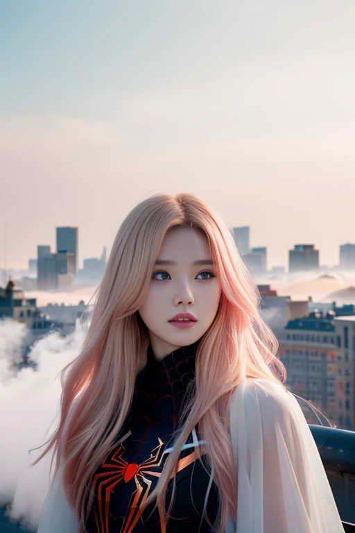 (1girl:1.3), Solo, (((Very detailed face)))), ((Very detailed eyes and face)))), Beautiful detail eyes, Body parts__, Official art, Unified 8k wallpaper, Super detailed, beautiful and beautiful, beautiful, masterpiece, best quality, original, masterpiece, super fine photo, best quality, super high resolution, realistic realism, sunlight, full body portrait, amazing beauty, dynamic pose, delicate face, vibrant eyes, (from the front), She wears Spider-Man suit, red and black color scheme, spider, very detailed city roof background, rooftop, overlooking the city, detailed face, detailed complex busy background, messy, gorgeous, milky white, highly detailed skin, realistic skin details, visible pores, clear focus, volumetric fog, 8k uhd, DSLR, high quality, film grain, fair skin, photo realism, lomography, futuristic dystopian megalopolis, translucent, hair pink and blonde, full body