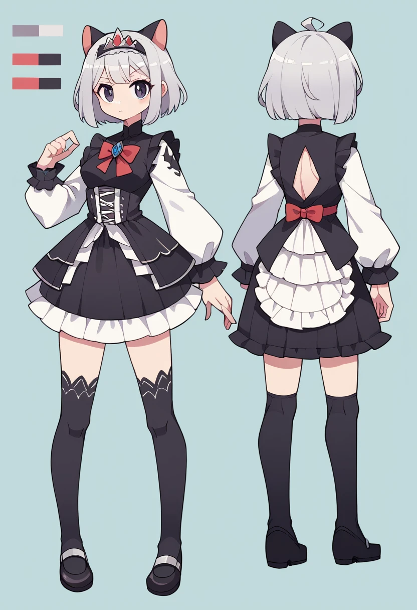 ((masterpiece)), (Highest quality))), (Character design sheet, National costume, same characters, front, ~ side, return), figure, 1 girl, whole body, Silver Hair, eyes hair, Beautiful Eyes, Princess Cut, Environmental change scene, Short skirt, Shyness, woman, girl, Are standing, Gothic ta, VTuber, Chartern Betarola, (simple returnground, white returnground: 1.3) ( masterpiece:1.2), (Highest quality:1.3)