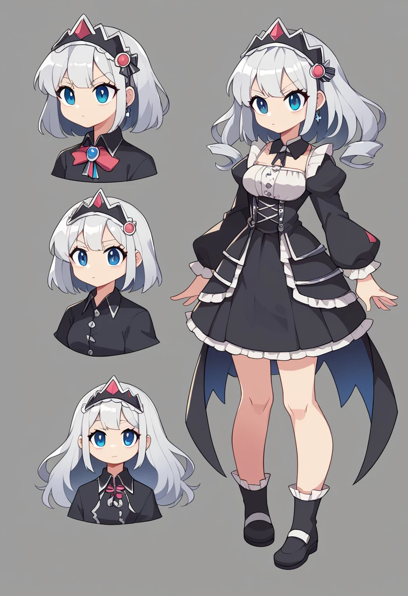 ((masterpiece)), (Highest quality))), (Character design sheet, National costume, same characters, front, ~ side, return), figure, 1 girl, whole body, Silver Hair, eyes hair, Beautiful Eyes, Princess Cut, Environmental change scene, Short skirt, Shyness, woman, girl, Are standing, Gothic Lolita, VTuber, Chartern Betarola, (simple returnground, white returnground: 1.3) ( masterpiece:1.2), (Highest quality:1.3)