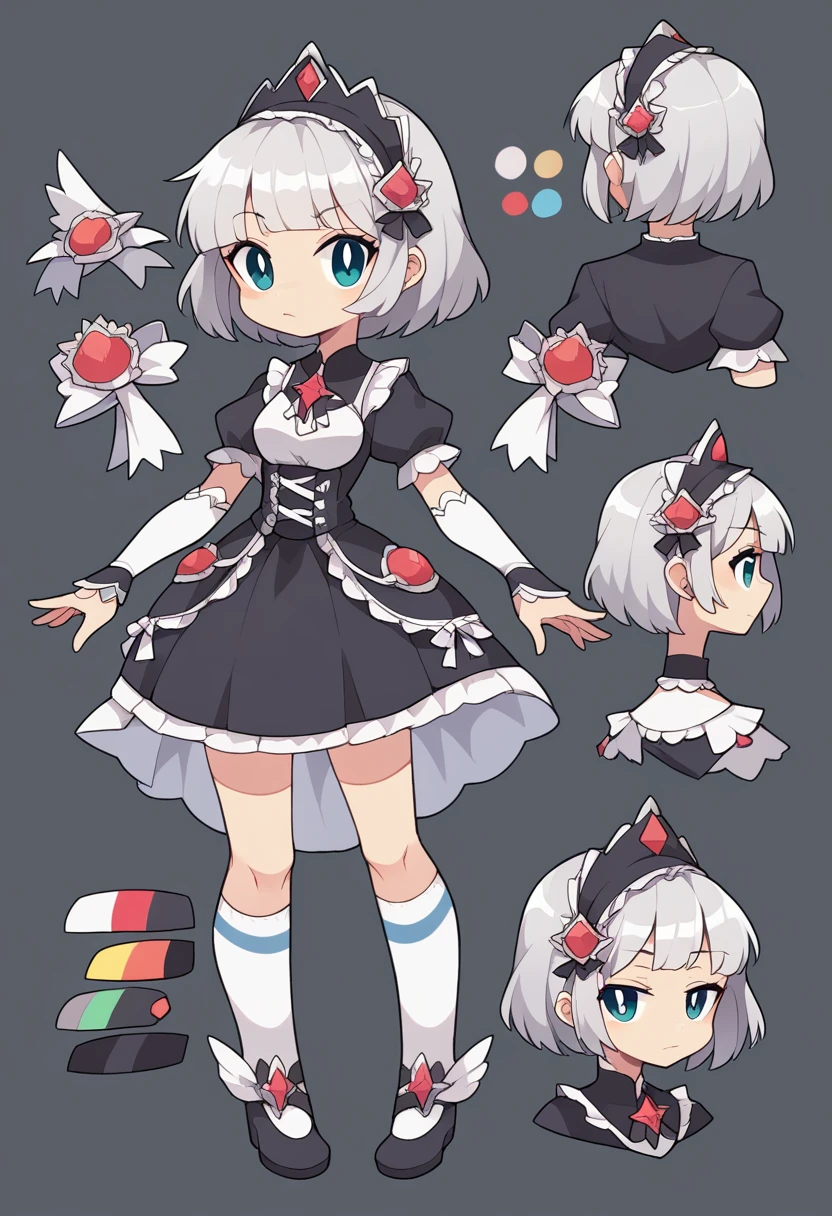 ((masterpiece)), (Highest quality))), (Character design sheet, National costume, same characters, front, ~ side, return), figure, 1 girl, whole body, Silver Hair, eyes hair, Beautiful Eyes, Princess Cut, Environmental change scene, Short skirt, Shyness, woman, girl, Are standing, Gothic ta, VTuber, Chartern Betarola, (simple returnground, white returnground: 1.3) ( masterpiece:1.2), (Highest quality:1.3)