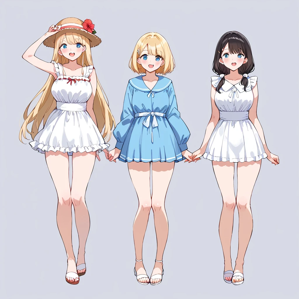 masterpiece, best quality, simple background, random hairstyle, large breasts, summer, 3 girls, full body, bare shoulder,