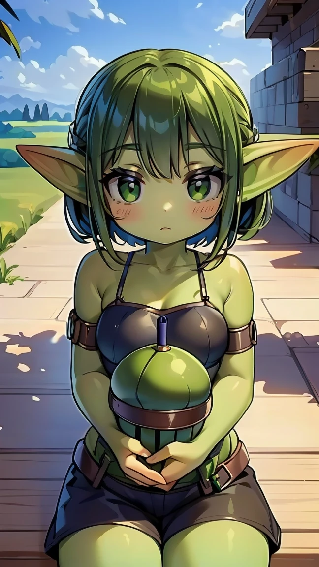 ((best quality)), ((masterpiece)), (detailed), goblin girl, (green skin), shortstack, military bomb specialist