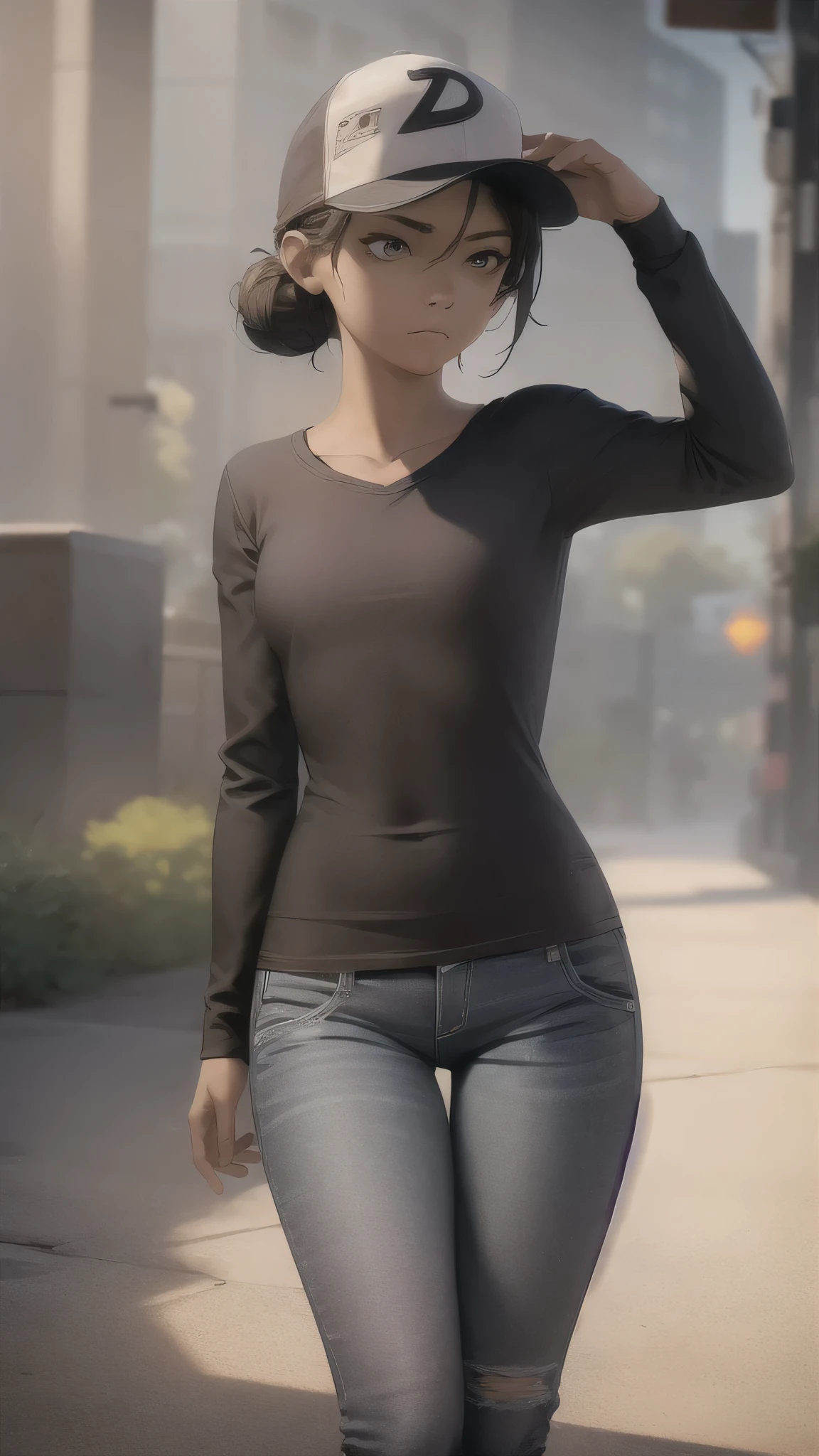 ((Masterpiece, best quality)),(Complex lighting) , alone,1 girl, Clementine, black skin, baseball cap, jeans, shirt,long sleeve, low boxing, hair bun,