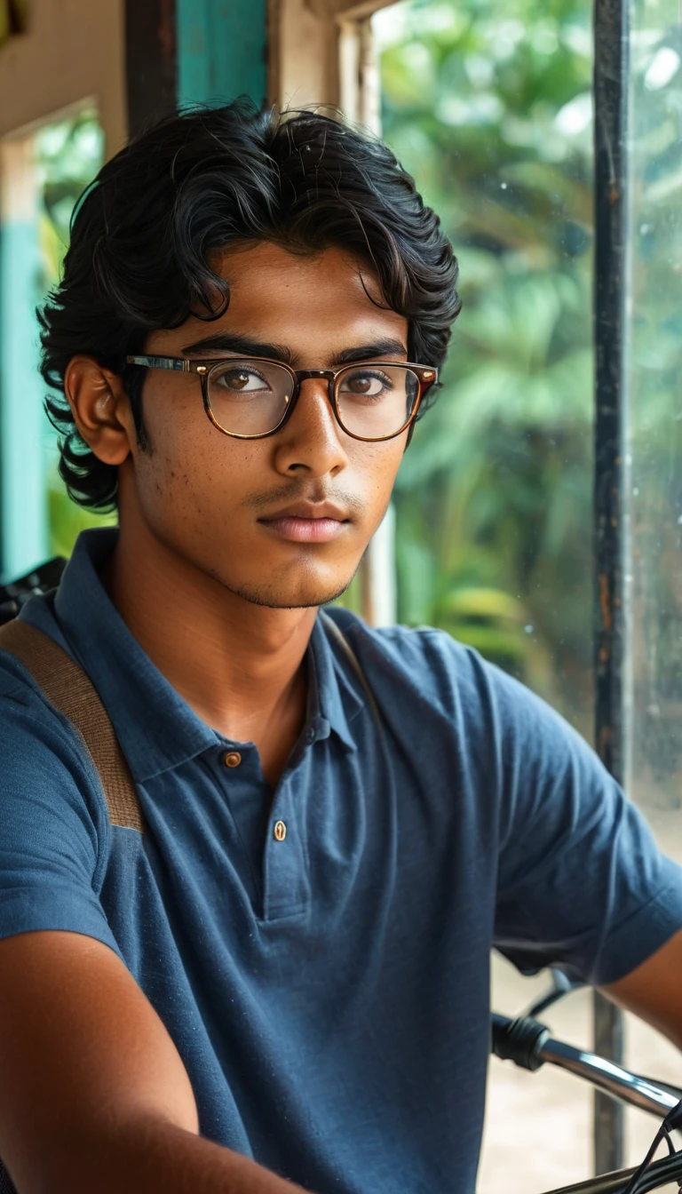 (Photography, Realism: 1.4),
23 years old, male, black hair, smart looking, Maldivian, looking out of classroom window, cinematic lighting, highly detailed eyes, highly detailed face, brown eyes, freckles, glasses, Riding a bike in the village