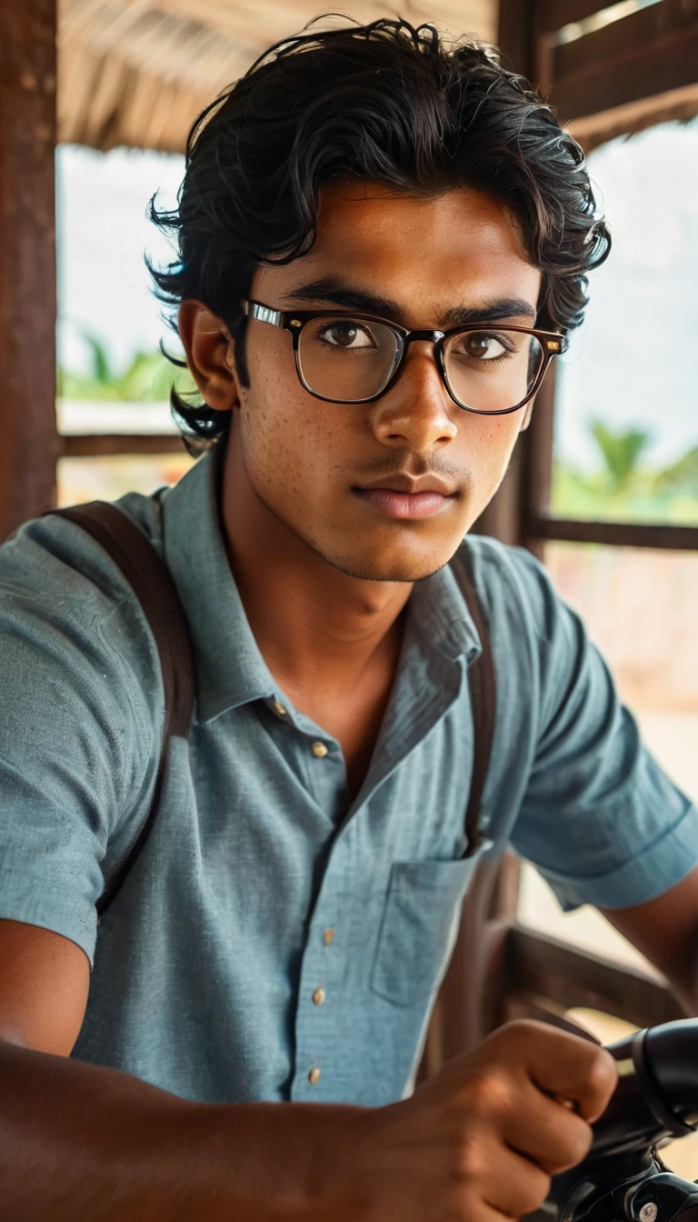 (Photography, Realism: 1.4),
23 years old, male, black hair, smart looking, Maldivian, looking out of classroom window, cinematic lighting, highly detailed eyes, highly detailed face, brown eyes, freckles, glasses, Riding a bike in the village