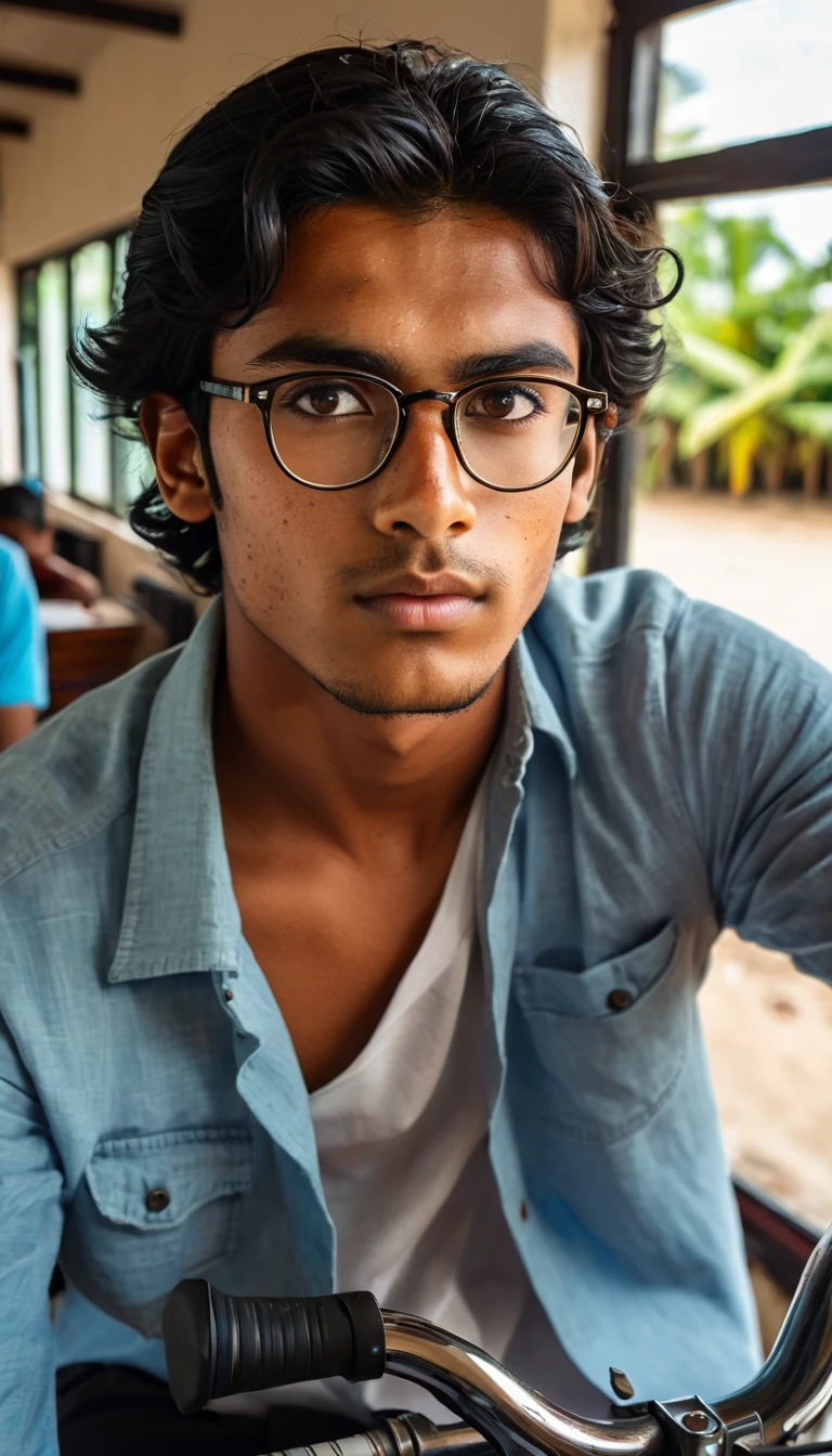 (Photography, Realism: 1.4),
23 years old, male, black hair, smart looking, Maldivian, looking out of classroom window, cinematic lighting, highly detailed eyes, highly detailed face, brown eyes, freckles, glasses, Riding a bike in the village